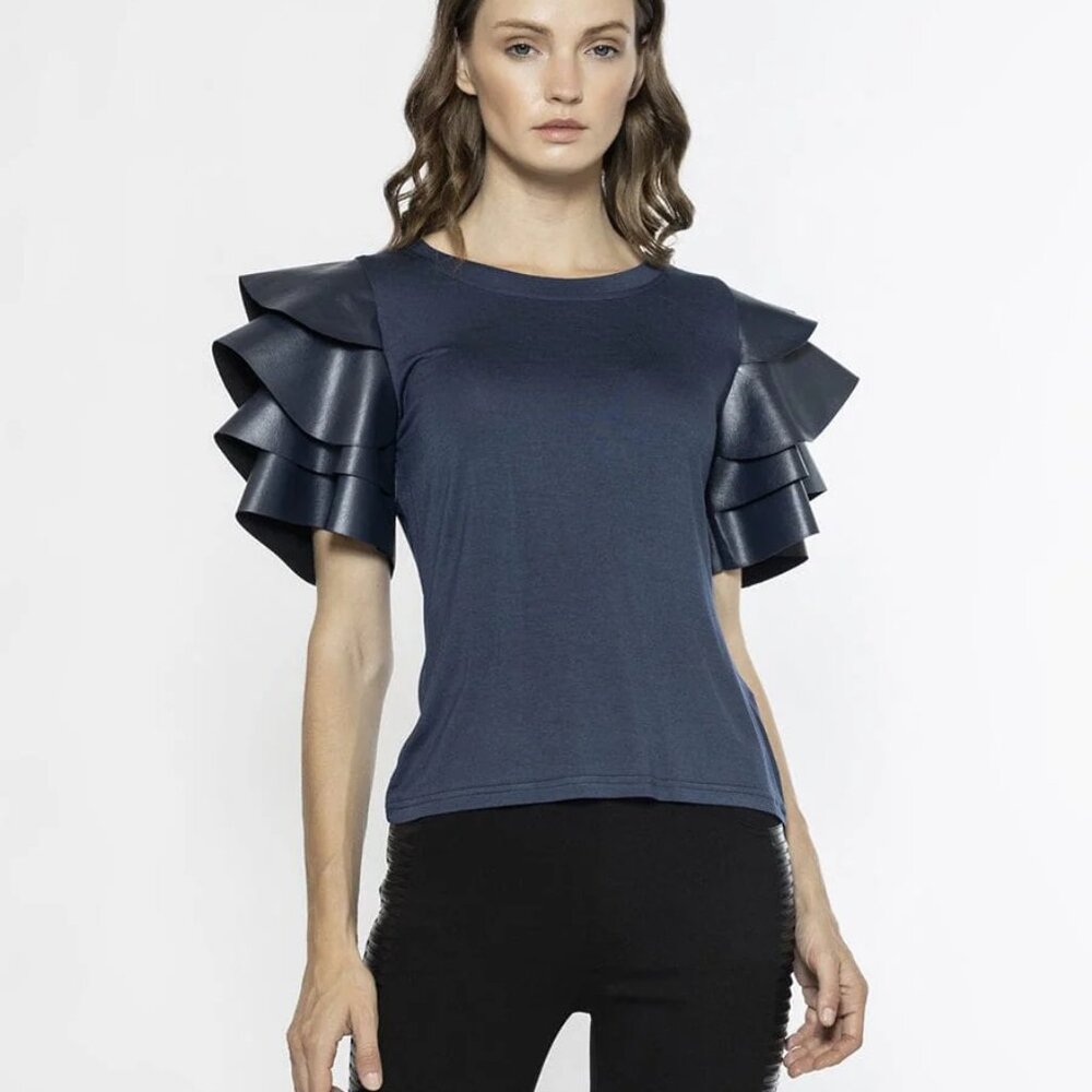 NWT GARCIA JESSIE'S GIRL SIZE M TIERED LEATHER LOOK RUFFLE SLEEVE TOP